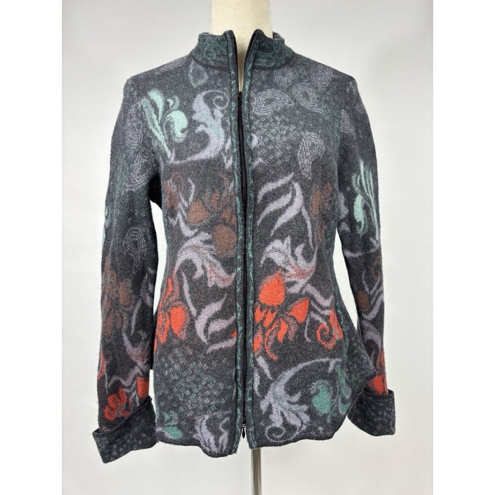 Ivko Wool Cardigan Jacket Grey Floral XXL Zip Front Long Sleeve Embroidered